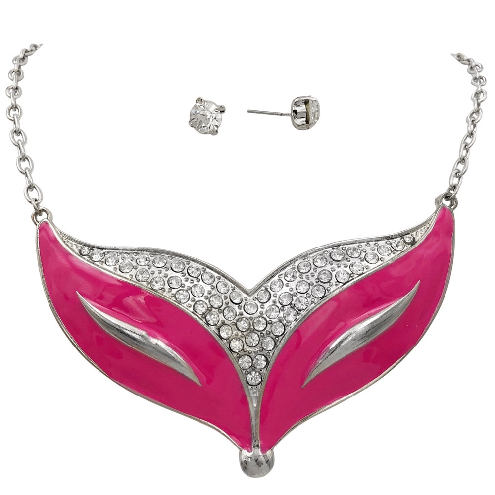 Pink Fox Face Large Quirky Necklace & Earrings Set